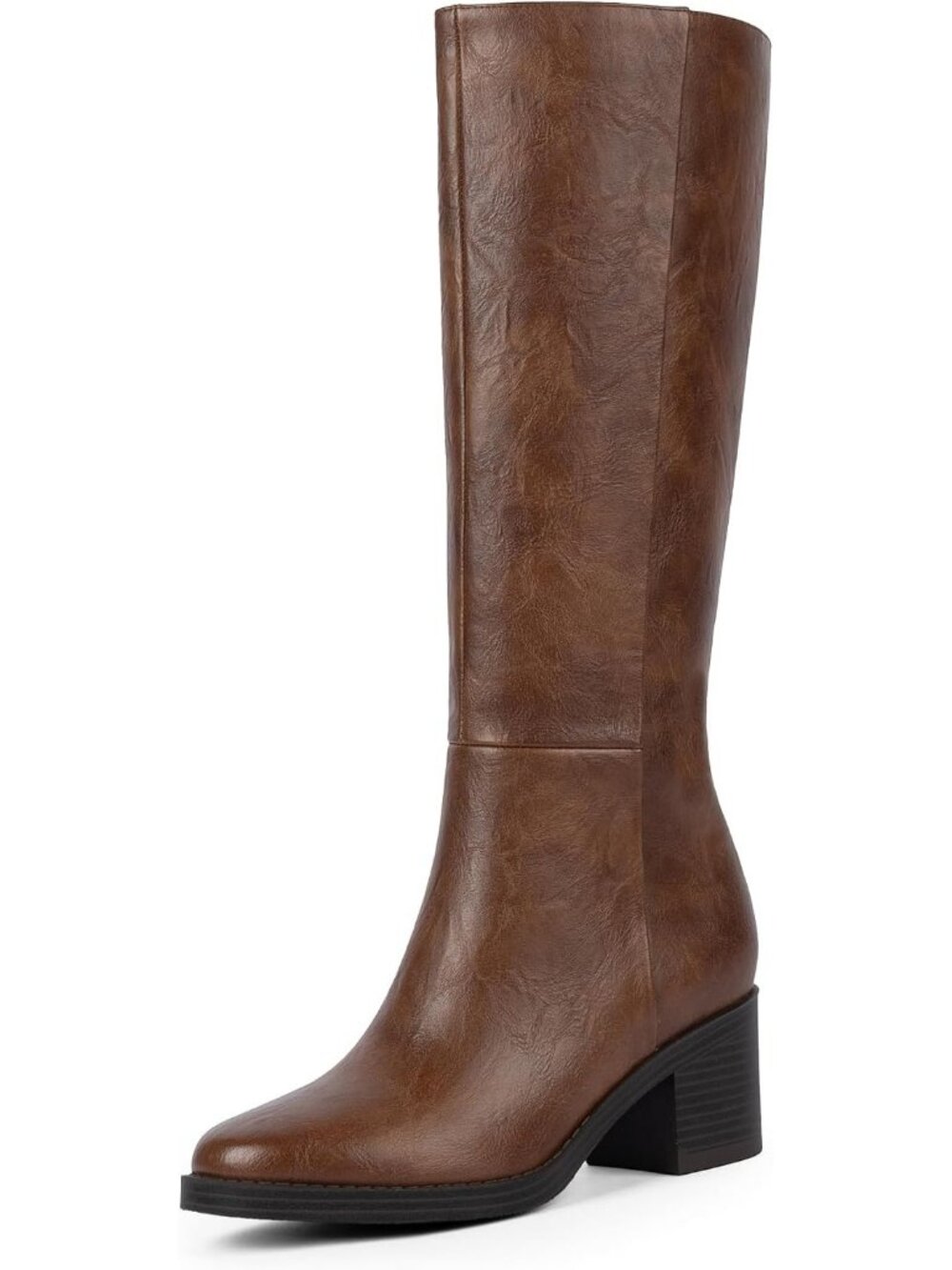 Women's Retro Brown Knee High Boots Chunky Low Block Heel Round Toe Boots
